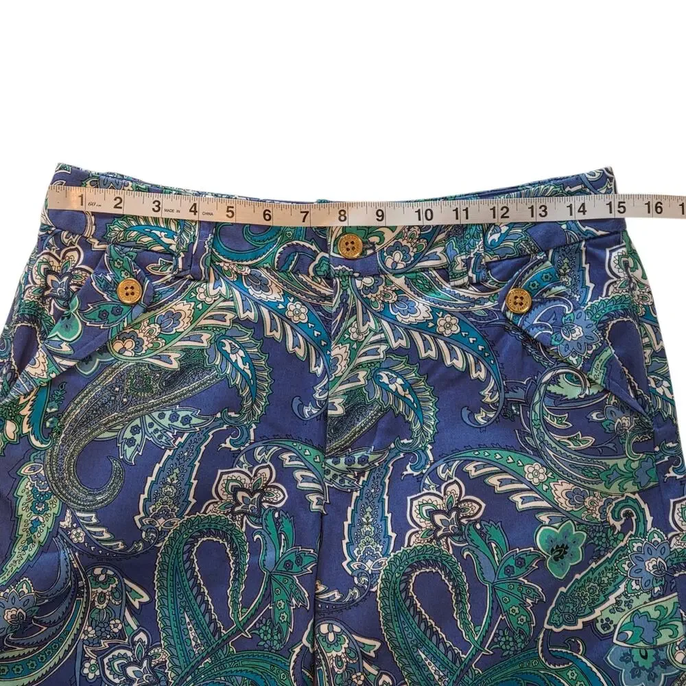Lauren Ralph Lauren Shorts, Blue Green Paisley, Cuffed, Gold Buttons sz 4